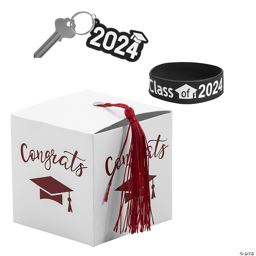 2024 Graduation Party White Favor Boxes with Burgundy Tassel & Favors Kit for 24 Image