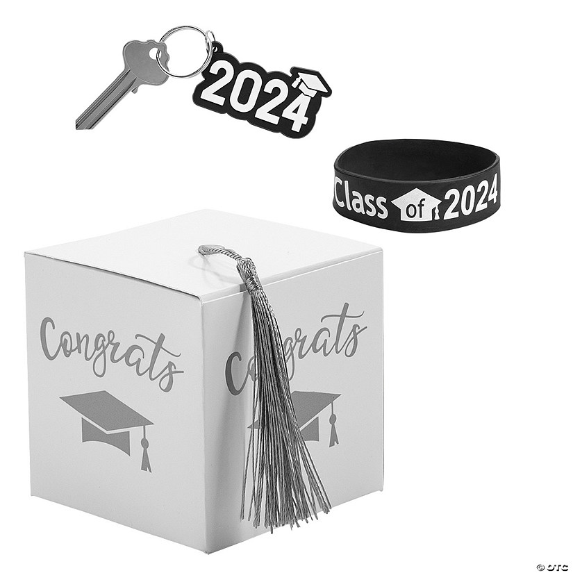 2024 Graduation Party White Favor Boxes with Silver Tassel & Favors Kit for 24 Image