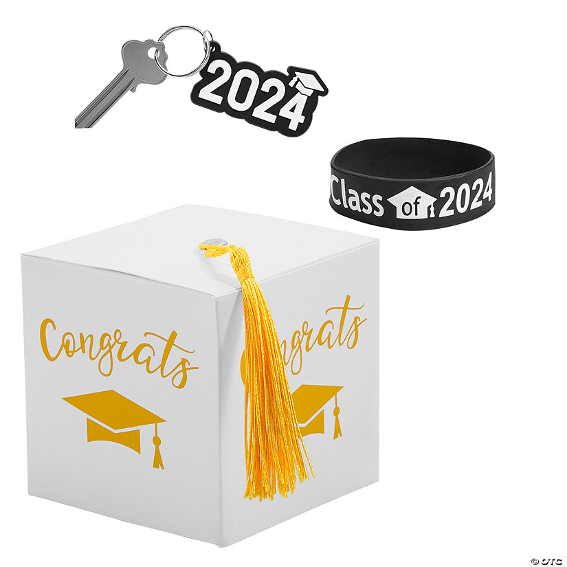 2024 Graduation Party White Favor Boxes with Yellow Tassel & Favors Kit for 24 Image