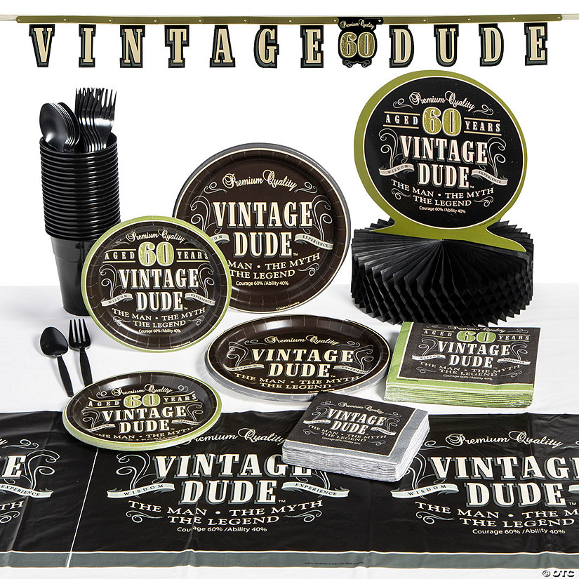 205 Pc. 60th Birthday Vintage Dude Tableware Kit for 24 Guests Image