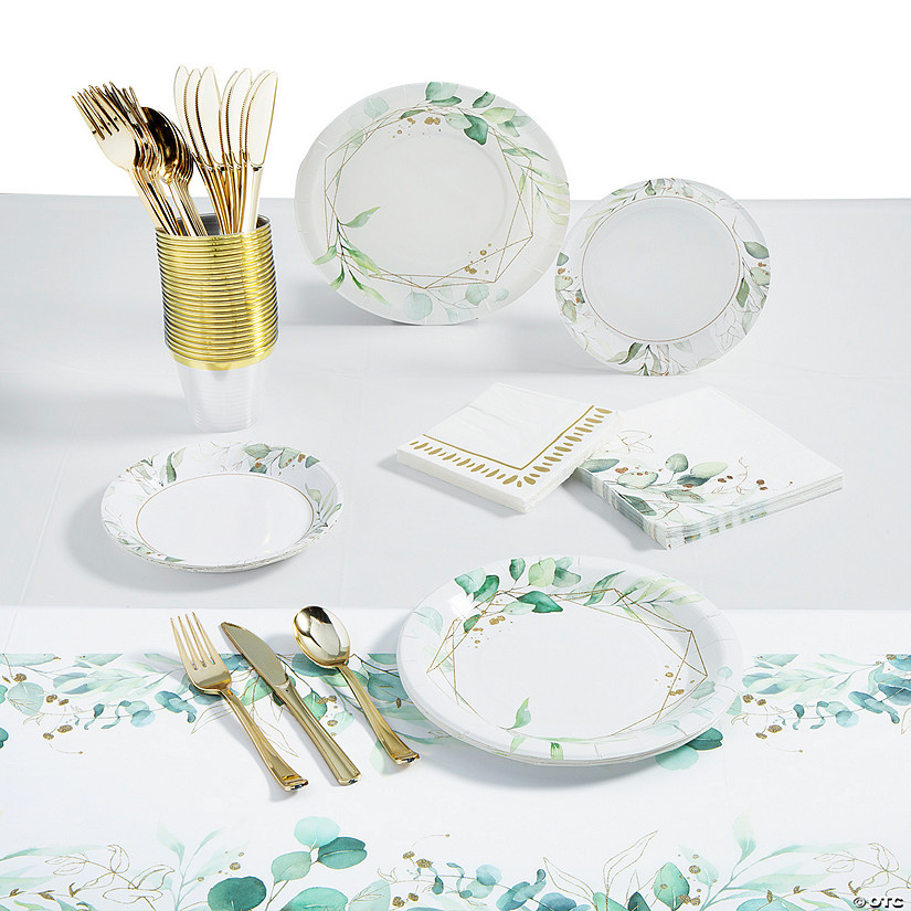 211 Pc. Gold Eucalyptus Disposable Tableware Kit for 24 Guests Image
