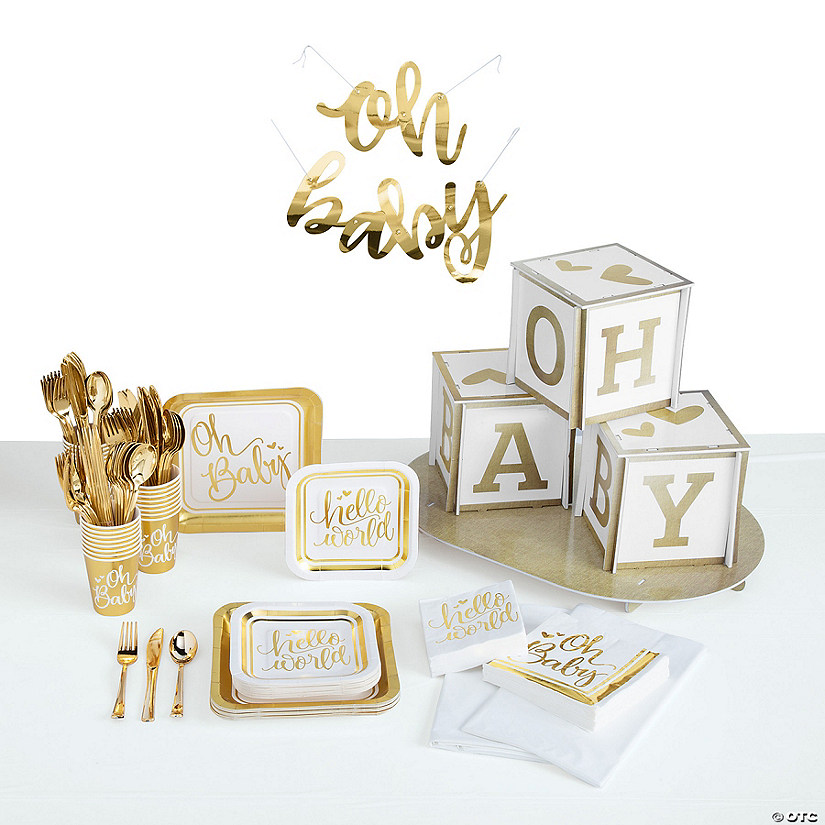 219 Pc. White & Gold Baby Shower Tableware Kit for 24 Guests Image