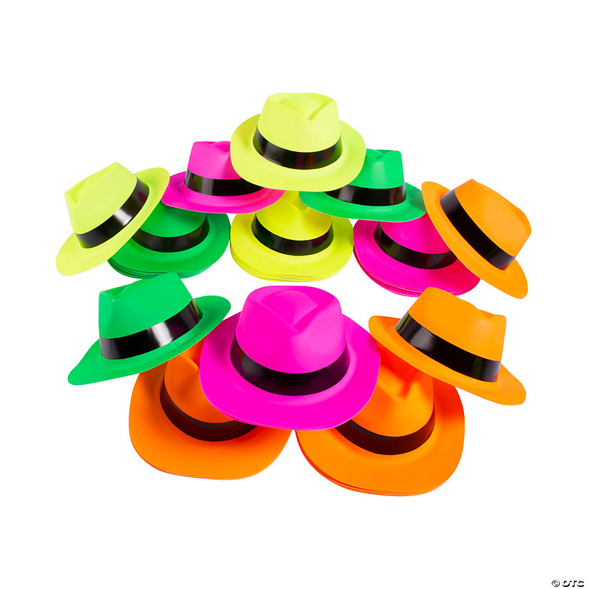 22" Bulk 48 Pc. Bright Neon Plastic Fedora Hats with Black Band Image