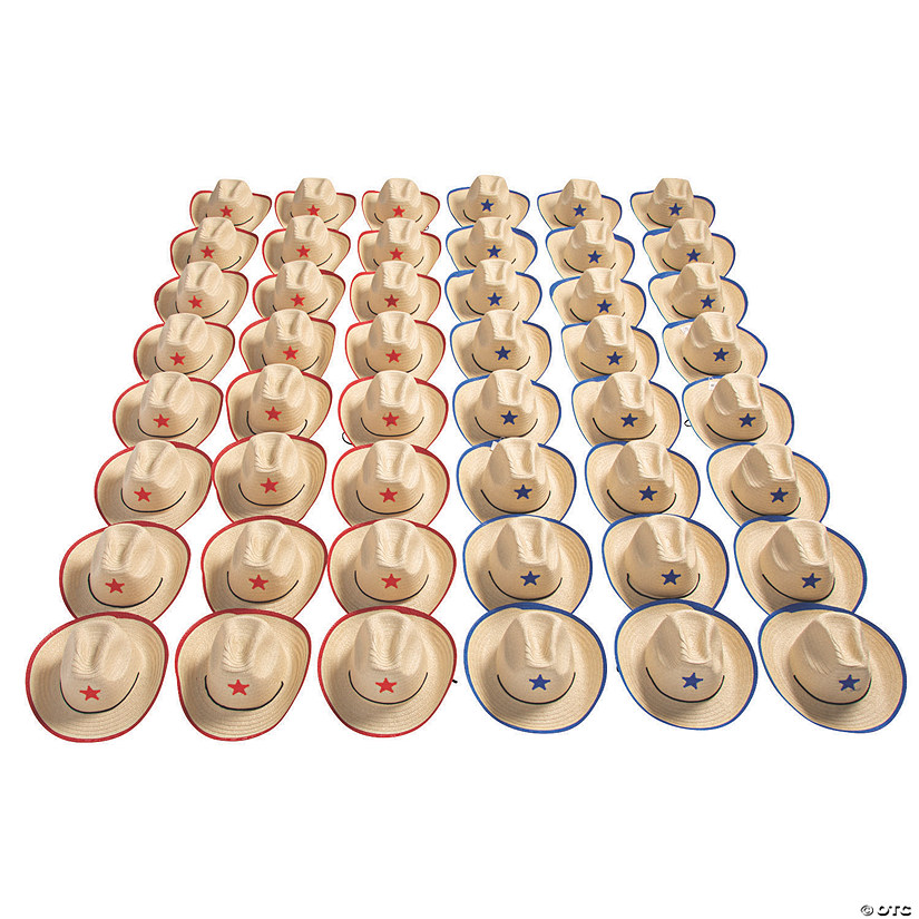 22" Bulk 48 Pc. Kids Blue & Red Star Straw Cowboy Hats with Chin Cord Image