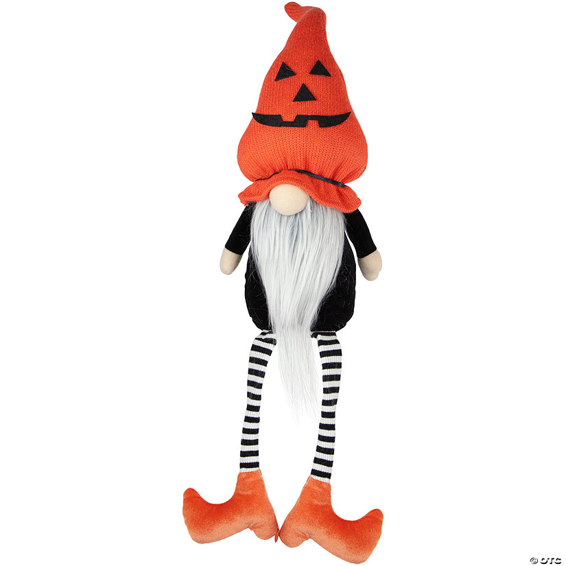 22" Orange and Black Halloween Gnome with Striped Dangling Legs Image