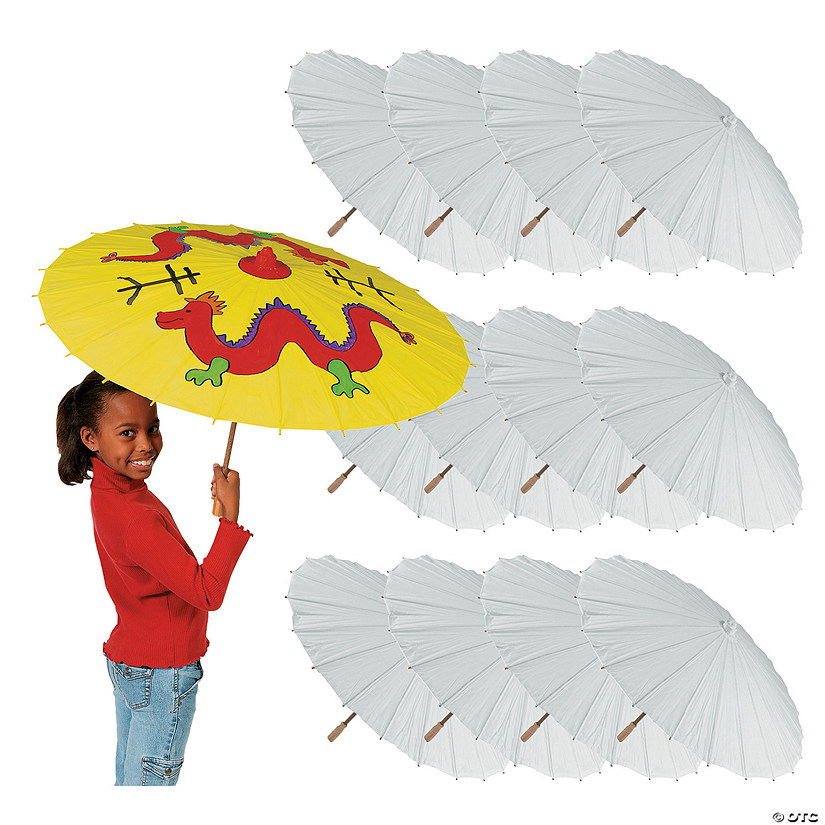 23" DIY Paintable White Paper Parasols with Bamboo Handle - 12 Pc. Image