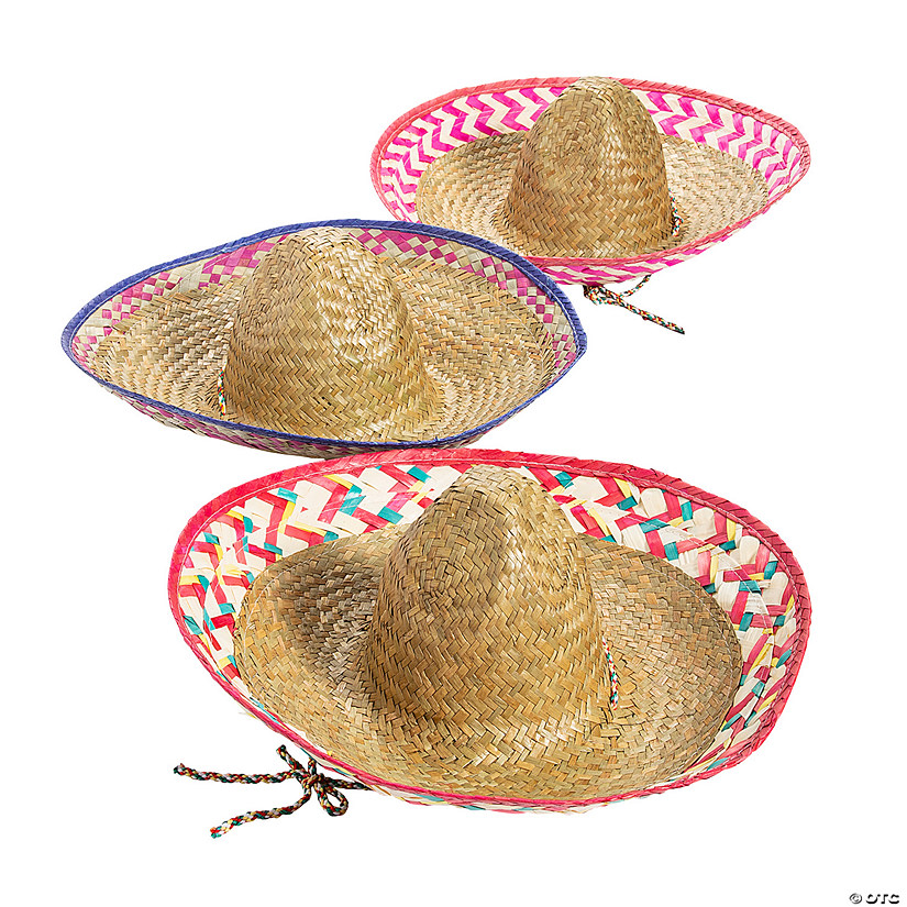 24" Adults Embroidered Patterned Straw Sombreros with Chin Cord - 12 Pc. Image