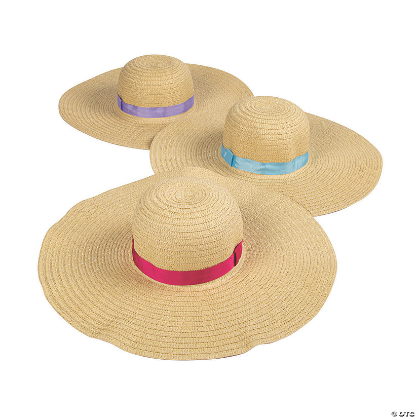 24" Adults Floppy Straw Sun Hats with Colorful Ribbon - 6 Pc. Image