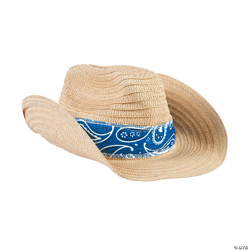 24" Adults Western Straw Cowboy Hats with Blue Bandana - 12 Pc. Image