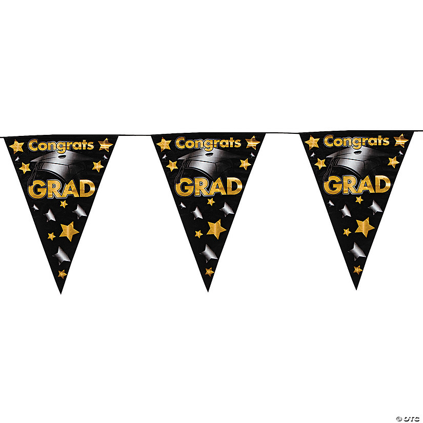 24 Ft. Congrats Grad Black & Gold Ready-to-Hang Plastic Pennant Banner Image