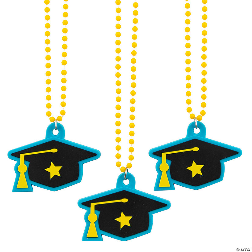 24" Graduation Plastic Beaded Necklaces with Mortarboard Hat Charm  - 12 Pc. Image