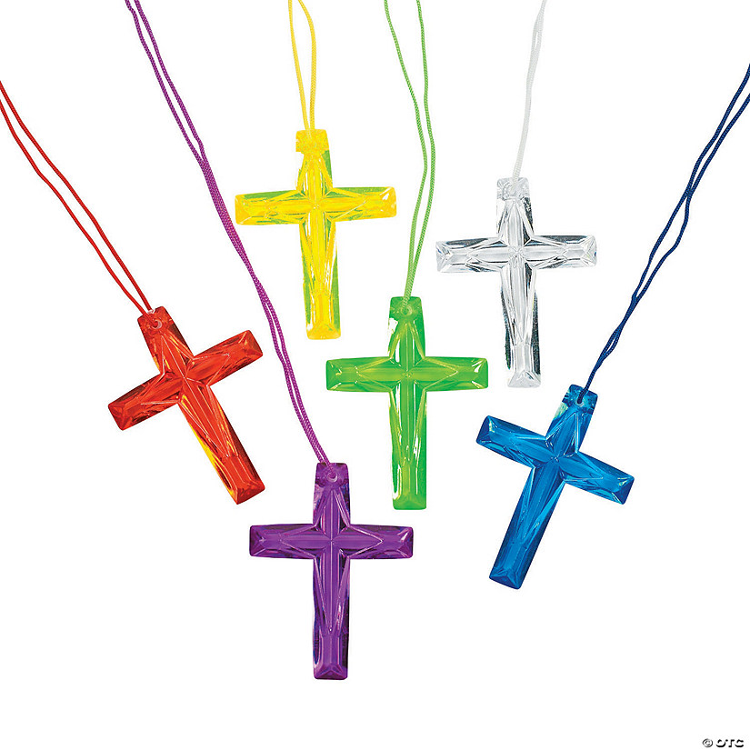 26" Bulk 48 Pc. Religious Crystal Cross Clear Plastic Necklaces Image
