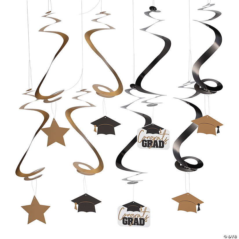 28" Graduation Black & Gold Cardstock Hanging Swirl Decorations &#8211; 12 Pc. Image