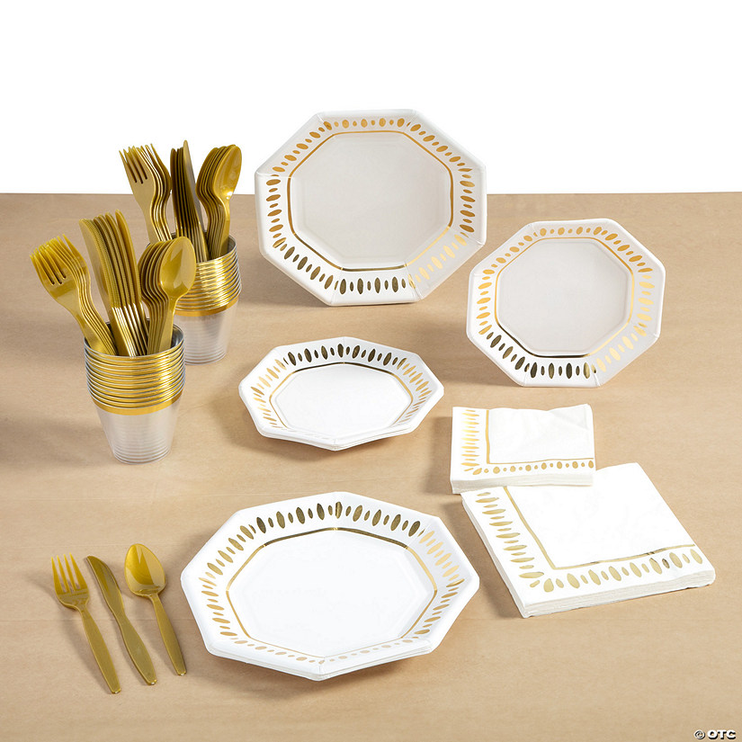 283 Pc. White & Gold Party Disposable Tableware Kit for 8 Guests Image