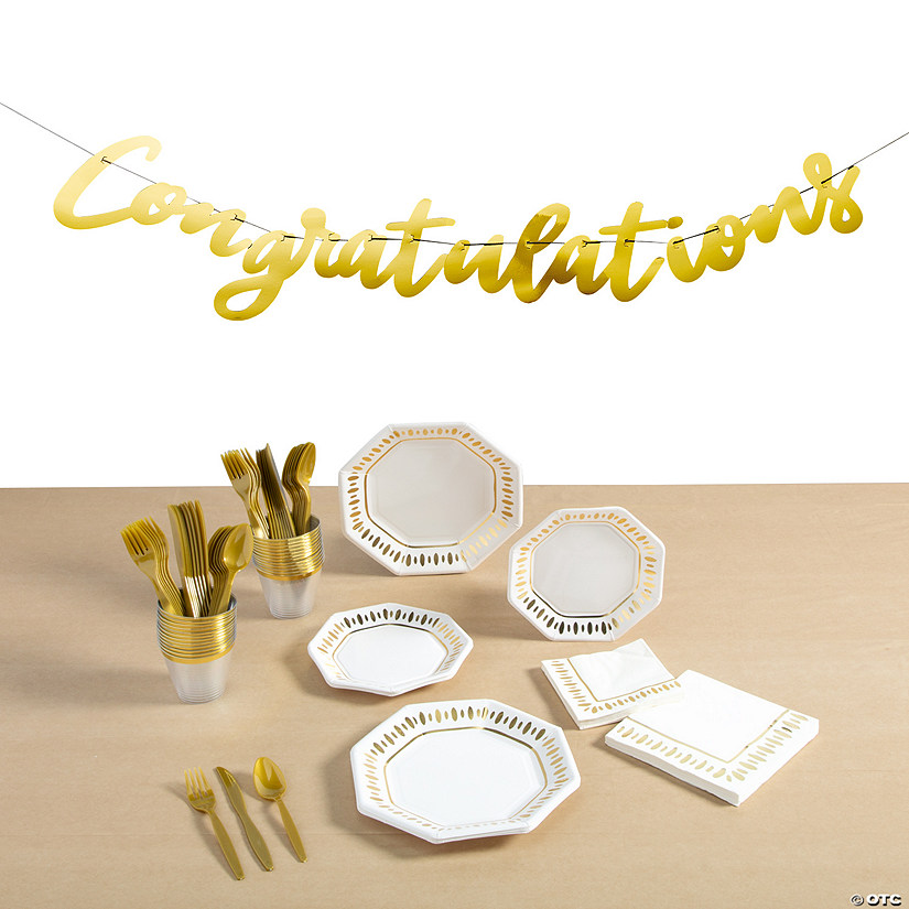 284 Pc. White & Gold Party Congratulations Disposable Tableware Kit for 8 Guests Image