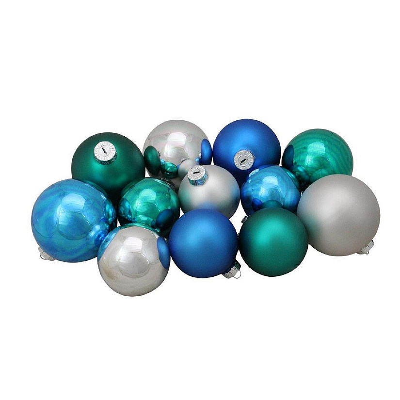 3.25-4 in. Turquoise Blue & Silver Shiny & Matte Glass Ball Christmas Ornaments - 72 Count Image