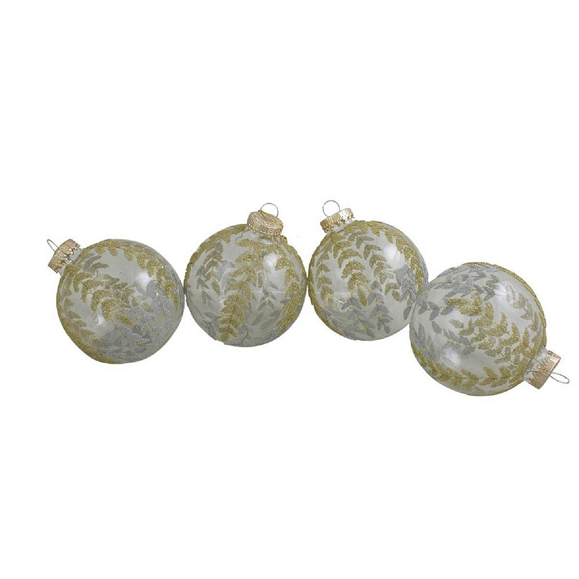 3.25 in. x 80mm. Clear Glass with Gold and Silver Glitter Leaves Christmas Ornament Ball Set - 4 Piece Image