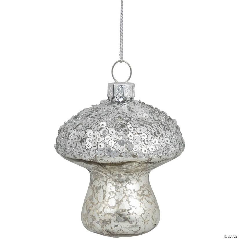 3.5" Sequined Silver Mushroom Glass Christmas Ornament Image