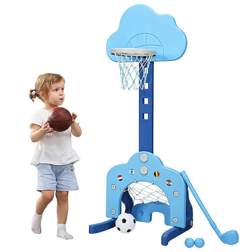 3-in-1 Kids Basketball Hoop Set Adjustable Sports Activity Center w/ Balls Blue Image