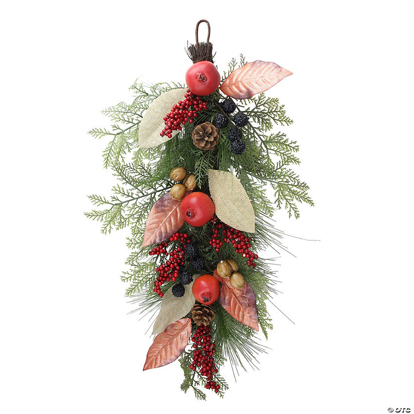 30" Autumn Harvest Mixed Berry and Pine Needle Artificial Teardrop Swag - Unlit Image