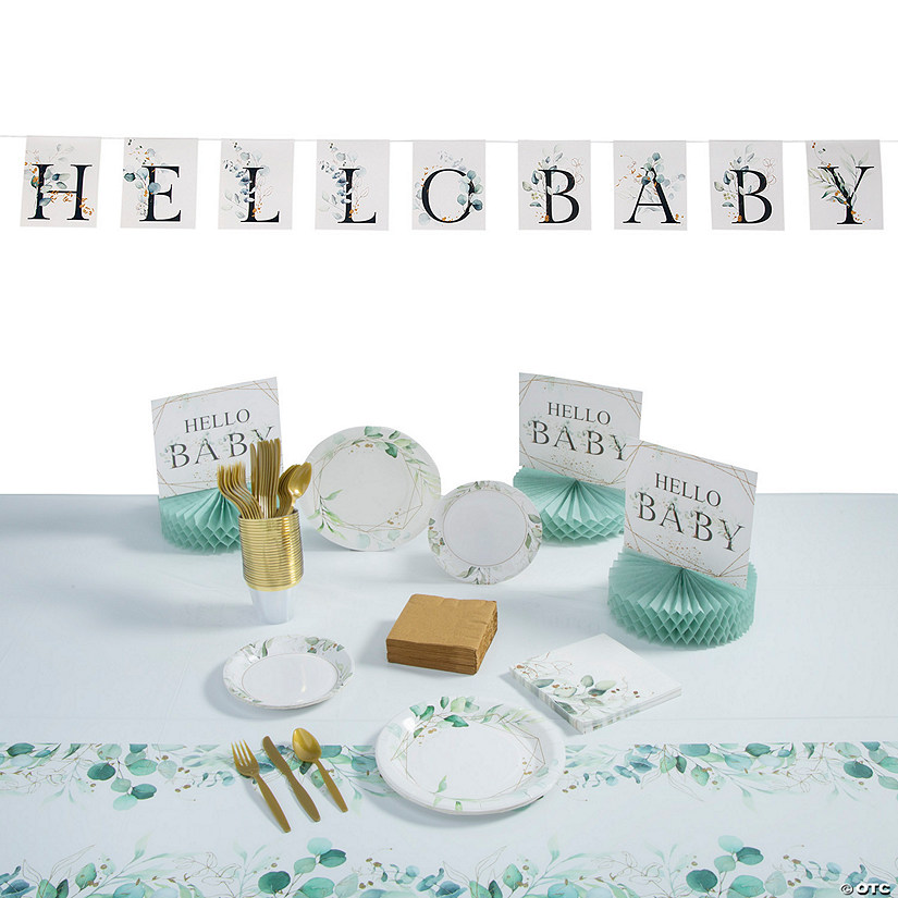 321 Pc. Eucalyptus Baby Shower Disposable Tableware Kit for 8 Guests Image