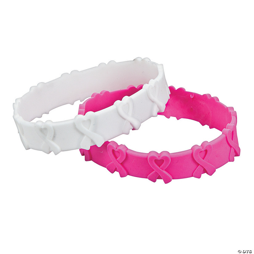 3D White & Pink Ribbon Rubber Bracelets - 24 Pc. Image