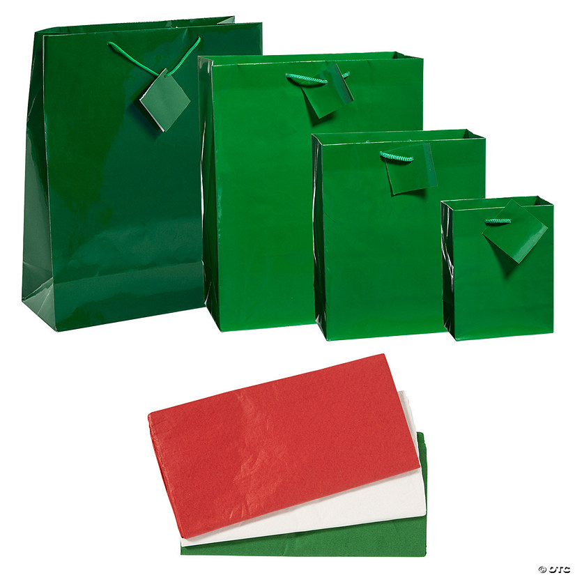 4 1/2" - 12" x 5 1/2" &#8211; 14 1/2" Green Gift Bags with Tag & Tissue Paper Assortment - 168 Pc. Image