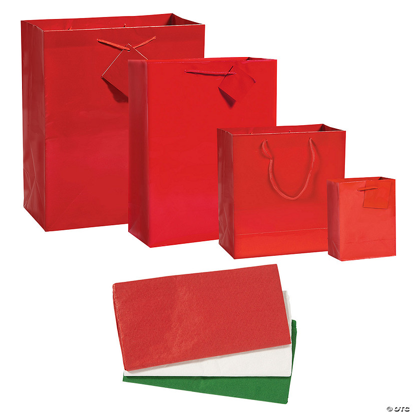 4 1/2" - 12" x 5 3/4" &#8211; 14 1/2" Red Gift Bags with Tag & Tissue Paper Assortment - 168 Pc. Image