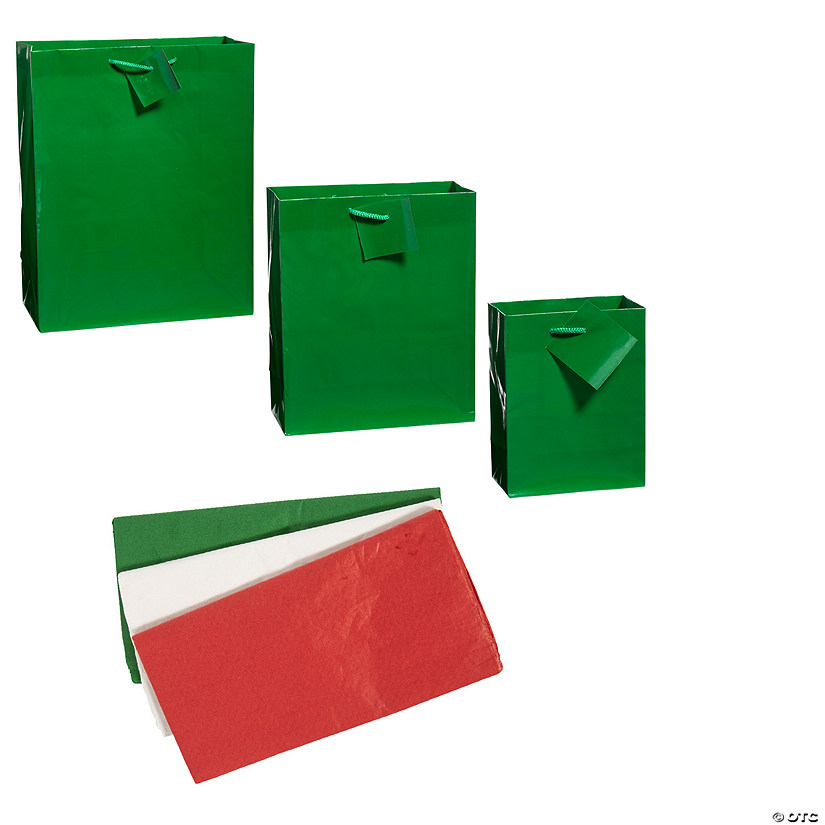 4 1/2" - 13" Bulk 156 Pc. Small, Medium & Large Green Gift Bags & Tissue Paper Kit Image