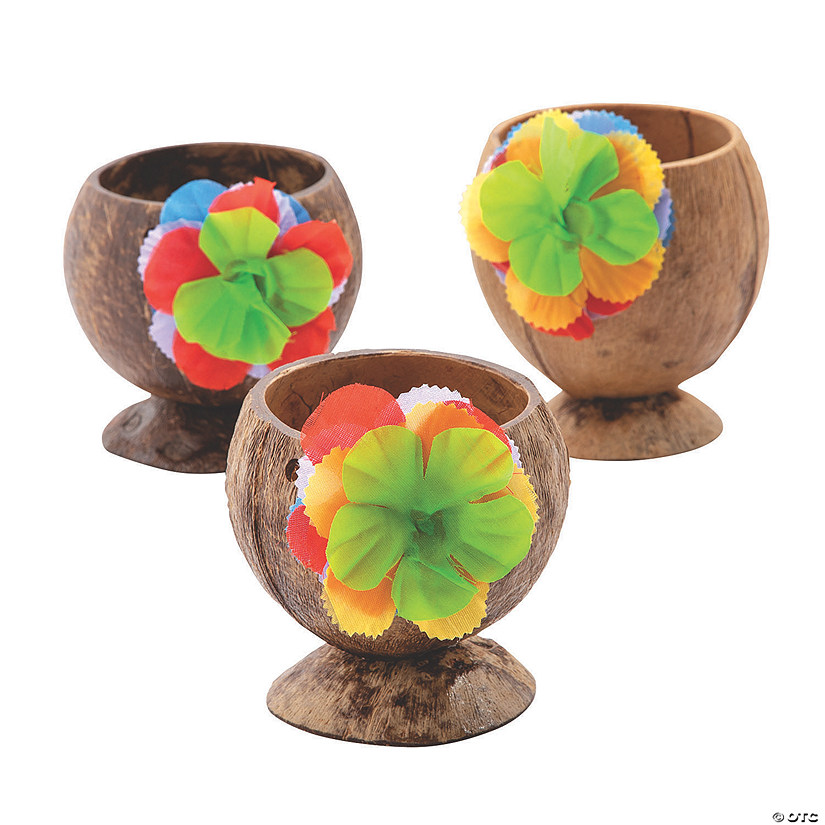 4 1/2" Decorative Natural Coconut Cups with Flower  - 12 Ct. Image