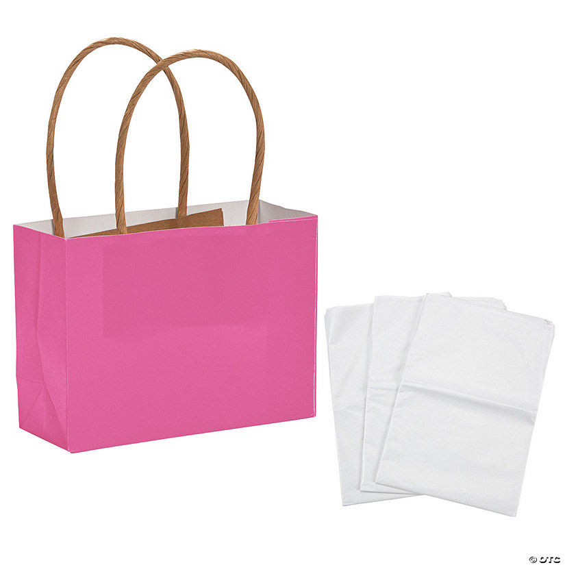 4 1/2" x 3 1/4" Mini Hot Pink Kraft Paper Gift Bags & Tissue Paper Kit for 12 Image