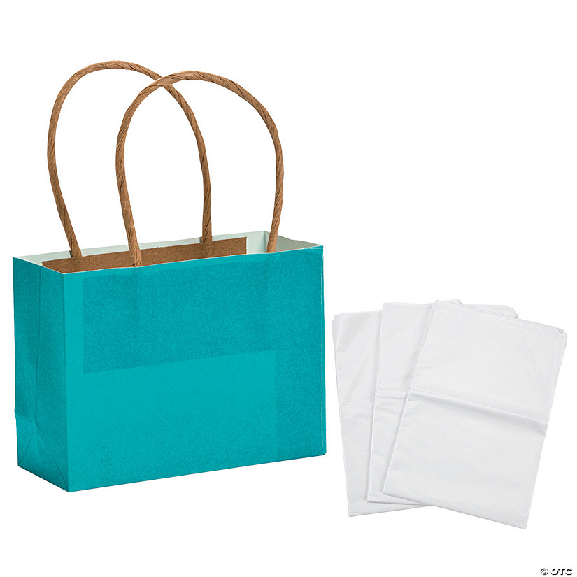 4 1/2" x 3 1/4" Mini Turquoise Kraft Paper Gift Bags & Tissue Paper Kit - 72 Pc. Image
