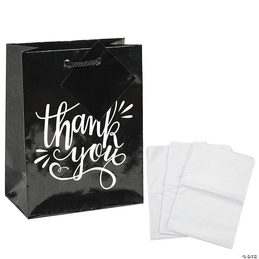 4 1/2" x 5 1/2" Small Black & White Thank You Gift Bag & Tissue Paper Kit - 72 Pc. Image