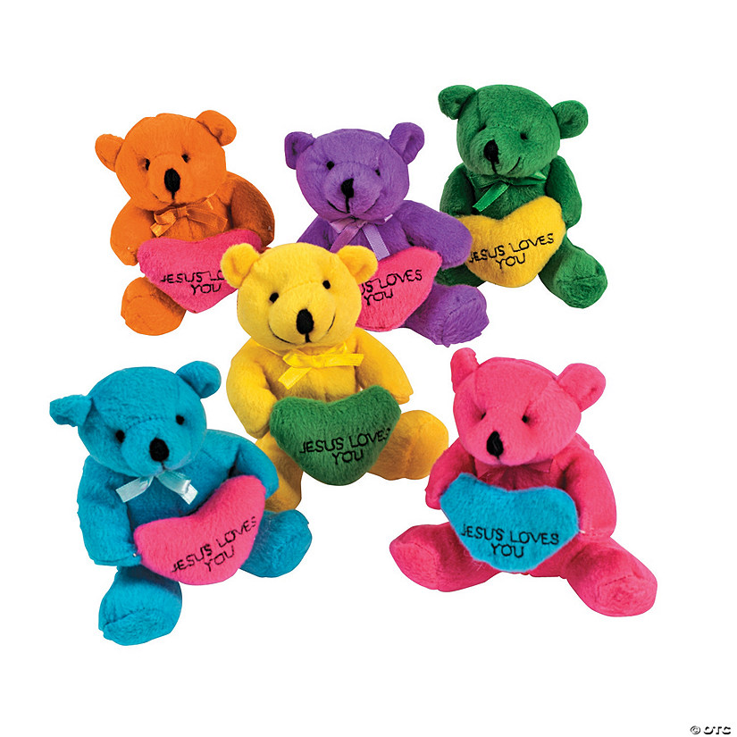 4" Religious Brightly Colored Jesus Loves You Hearts Stuffed Bears - 12 Pc. Image