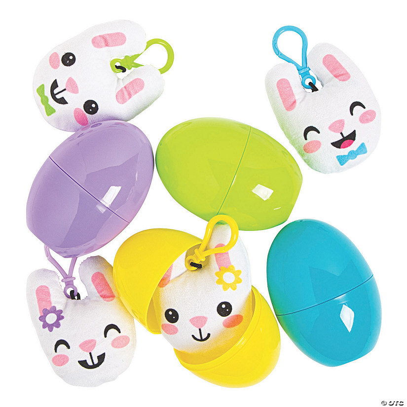 4" Stuffed Bunny Backpack Clip Keychain-Filled Plastic Easter Eggs - 12 Pc. Image