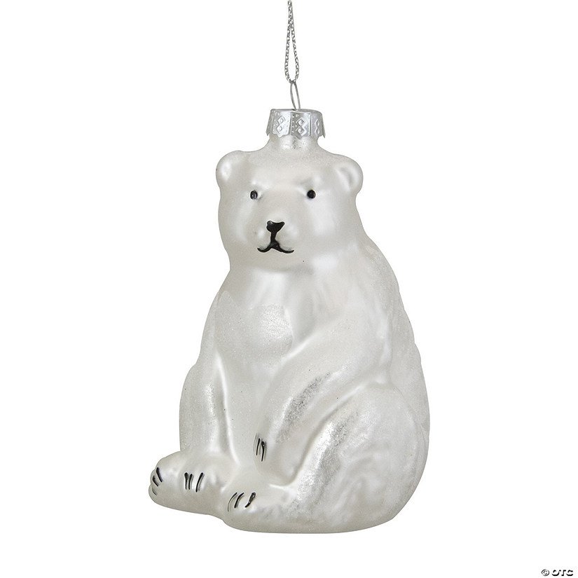 4"  White Glittered Polar Bear Glass Christmas Ornament Image