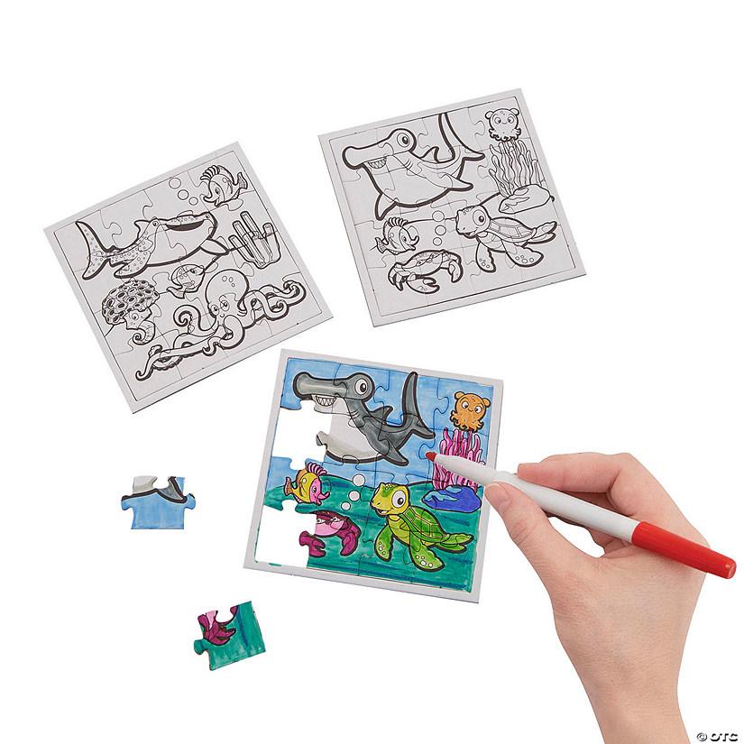 4" x 4" Bulk 50 Pc. Color Your Own Sea Life Jigsaw Puzzles Image