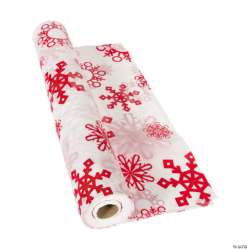 40" x 100 ft.  Red & White Snowflake Plastic Tablecloth Roll Image