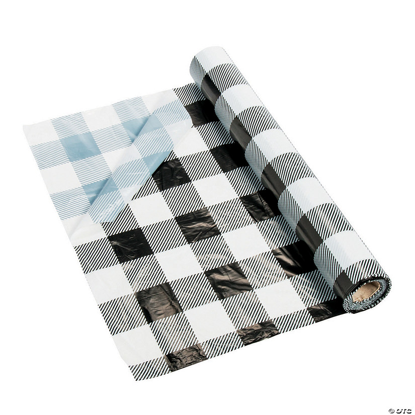 40" x 100 ft. Black & White Buffalo Check Plastic Tablecloth Roll Image