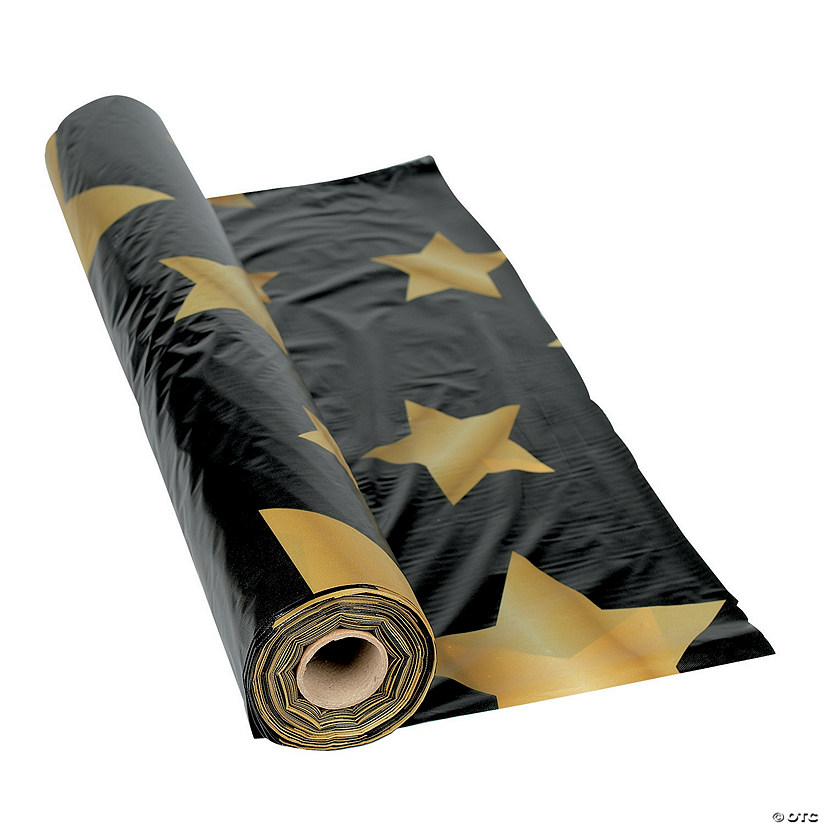 40" x 100 ft. Black with Gold Stars Plastic Tablecloth Roll Image