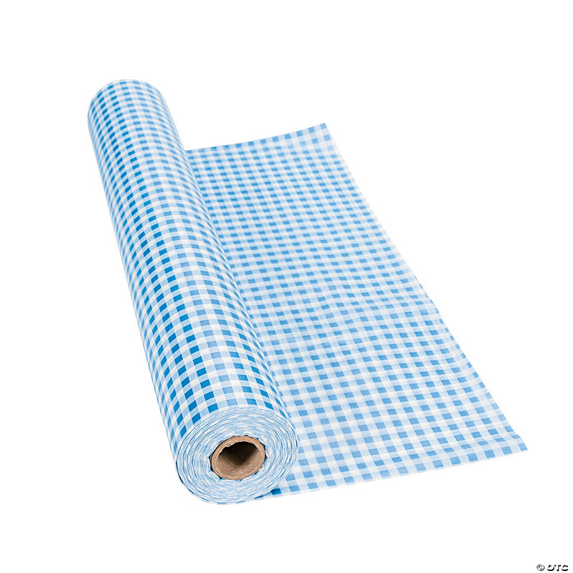 40" x 100 ft. Blue Gingham Plastic Tablecloth Roll Image