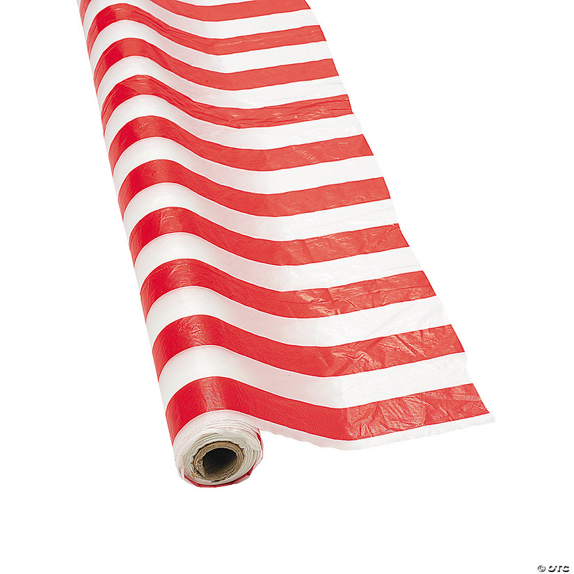 40" x 100 Ft. Red & White Striped Disposable Plastic Tablecloth Roll Image