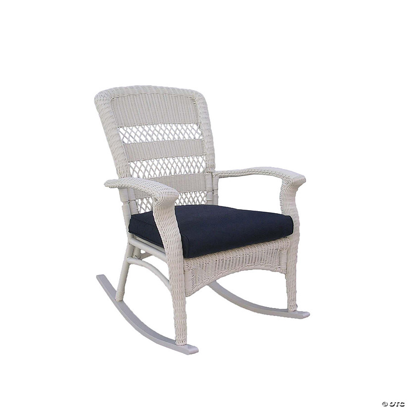 42" White Resin Wicker Rocker Chair with Blue Cushion Image