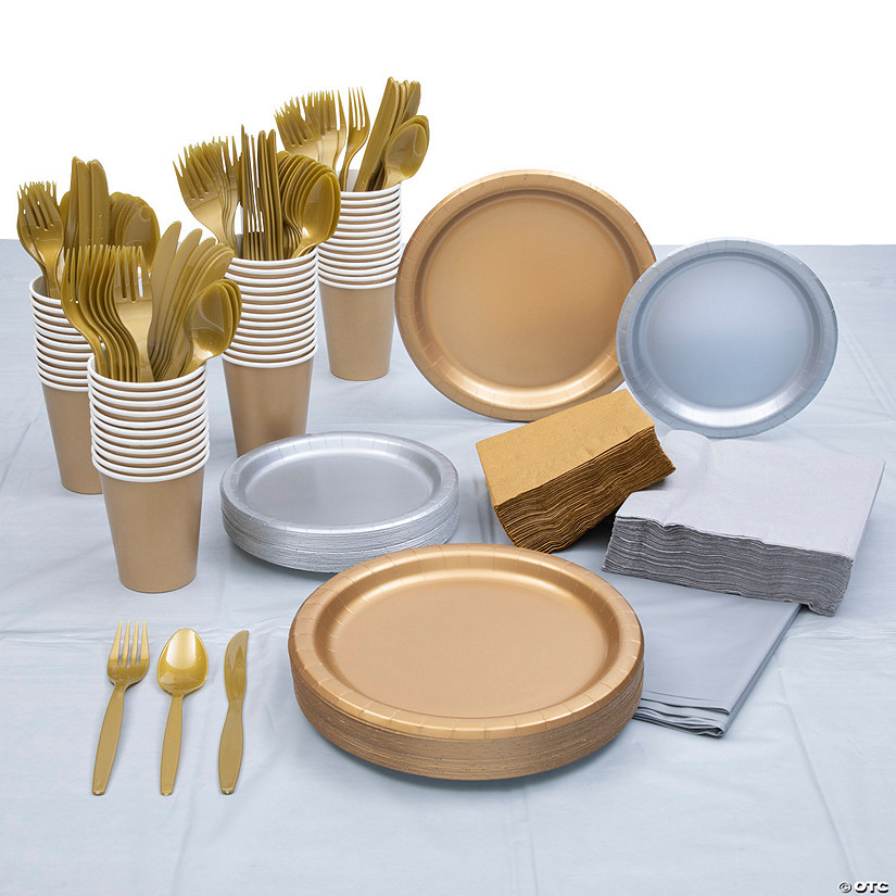 456 Pc. Metallic Silver & Gold Party Tableware Kit for 48 Guests Image