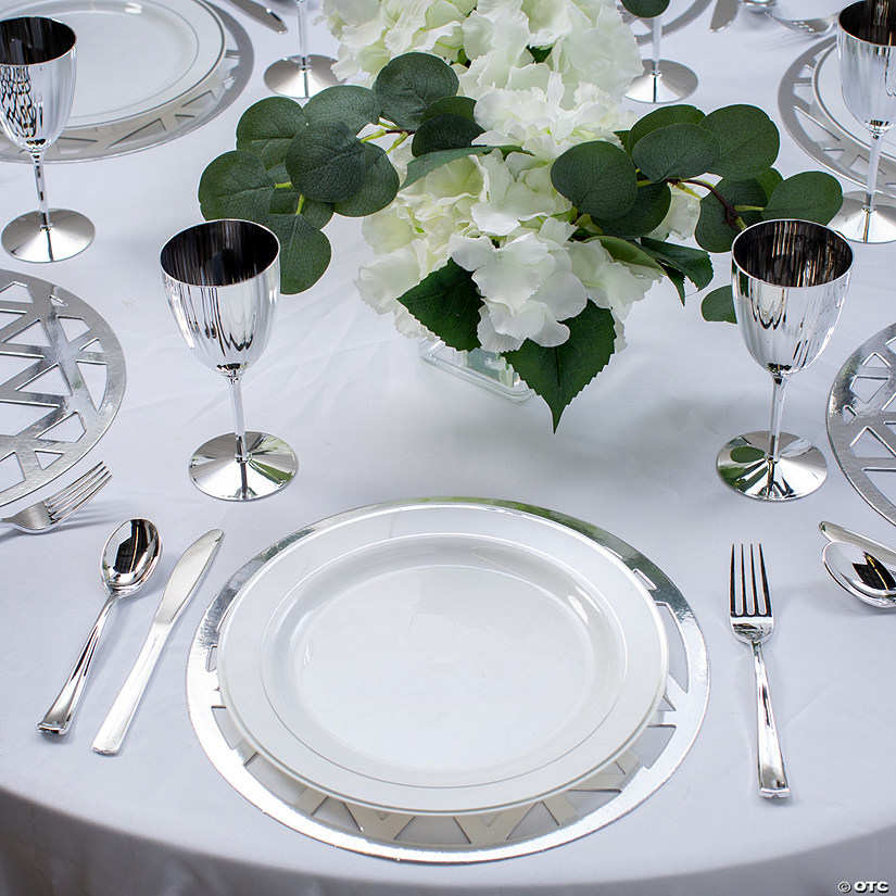 49 Pc. Silver Geometric Charger & Dinner Plate Kit for 24 Guests Image