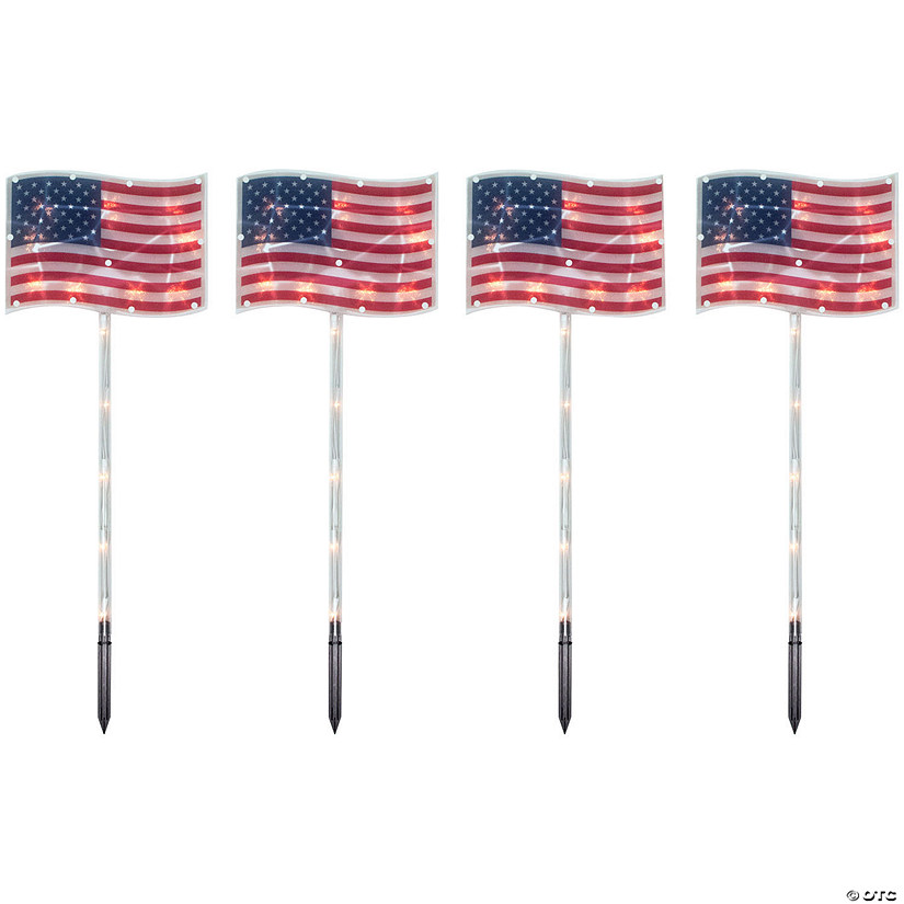 4ct Patriotic American Flag 4th of July Pathway Marker Lawn Stakes  Clear Lights Image