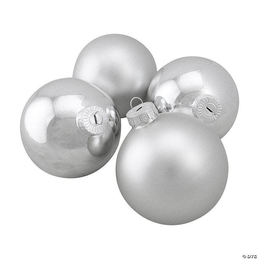 4ct Shiny and Matte Silver Glass Ball Christmas Ornaments 4" (100mm) Image