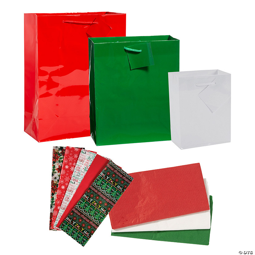 5 3/4" - 13" Solid Color Christmas Gift Bags & Holiday Tissue Paper Kit - 216 Pc. Image