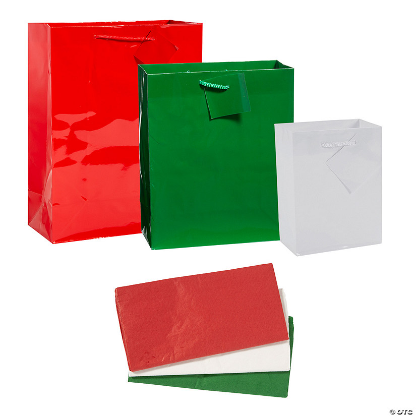 5 3/4" - 13" Solid Color Christmas Gift Bags & Tissue Paper Kit - 156 Pc. Image