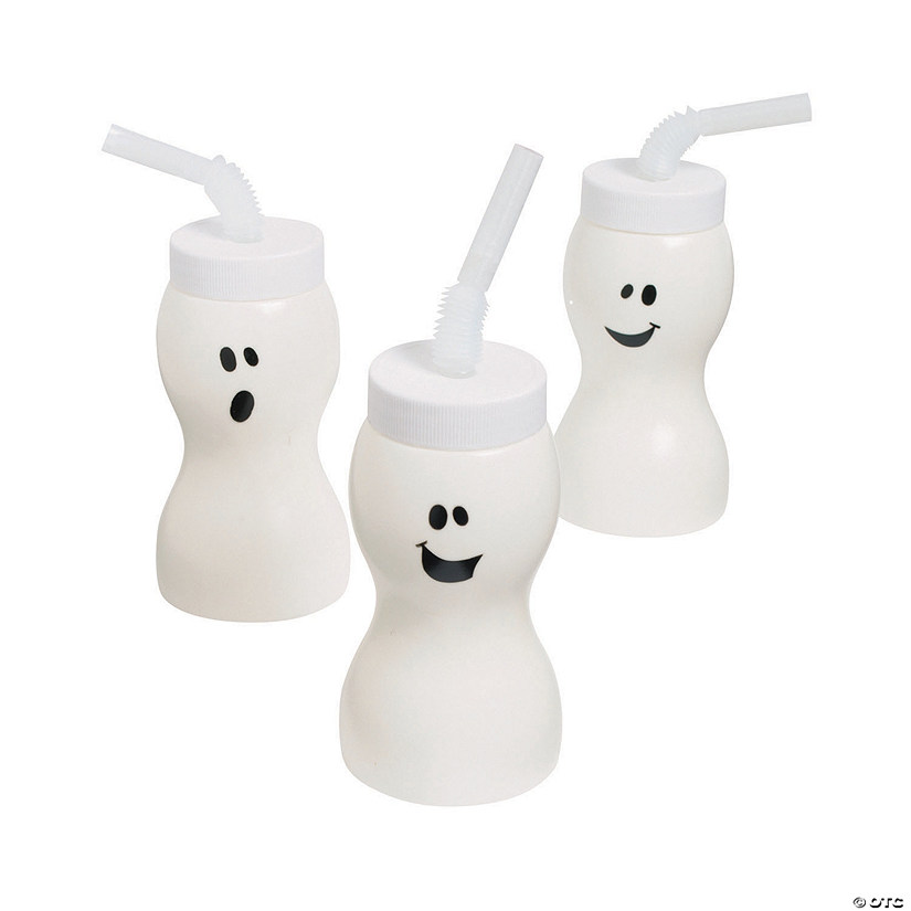 5" 8 oz. Molded Ghost Reusable BPA-Free Plastic Cups with Lids & Straws - 12 Ct. Image